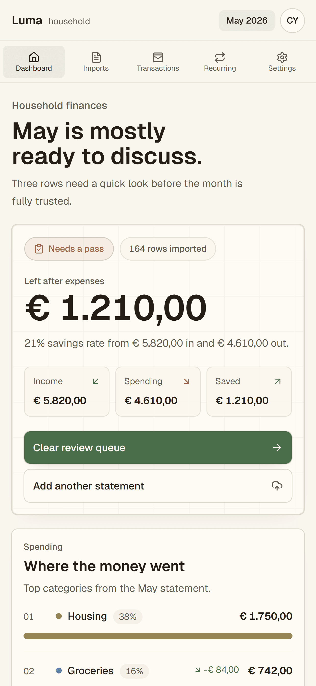 Luma dashboard showing imported bank rows, review status, income, spending, and saved totals for May.