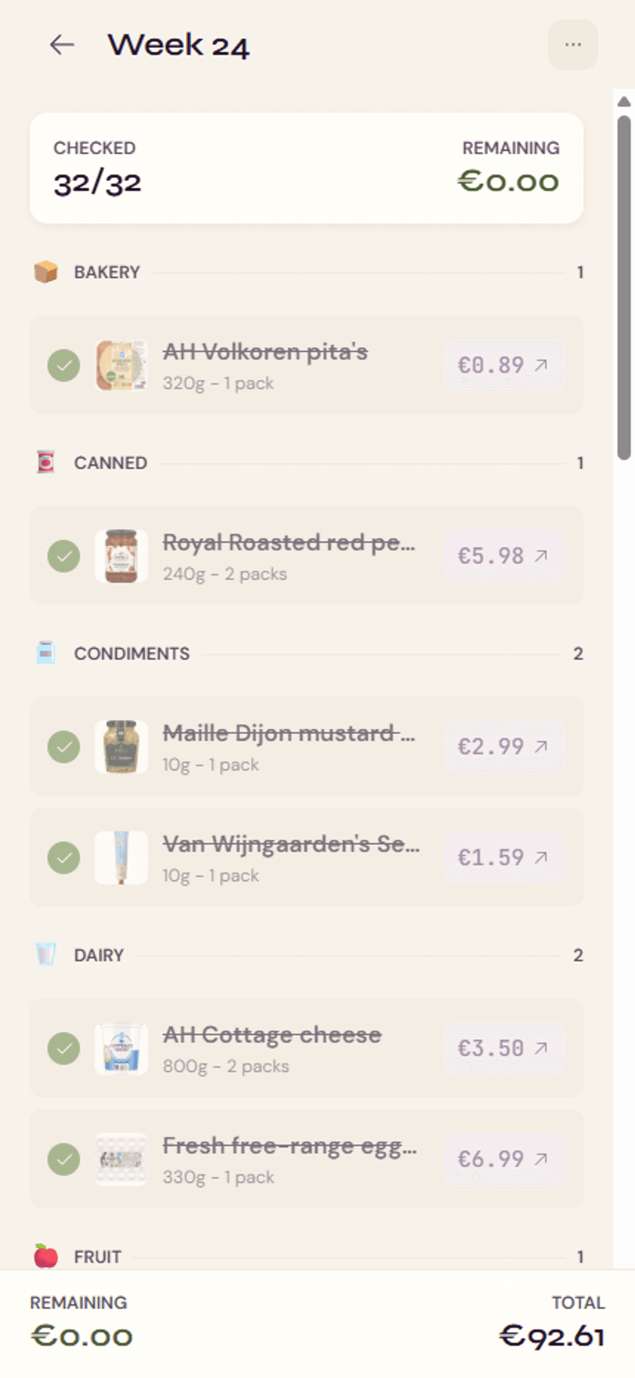 Blueberry grocery list screen showing checked items, remaining cost, and grouped grocery categories.