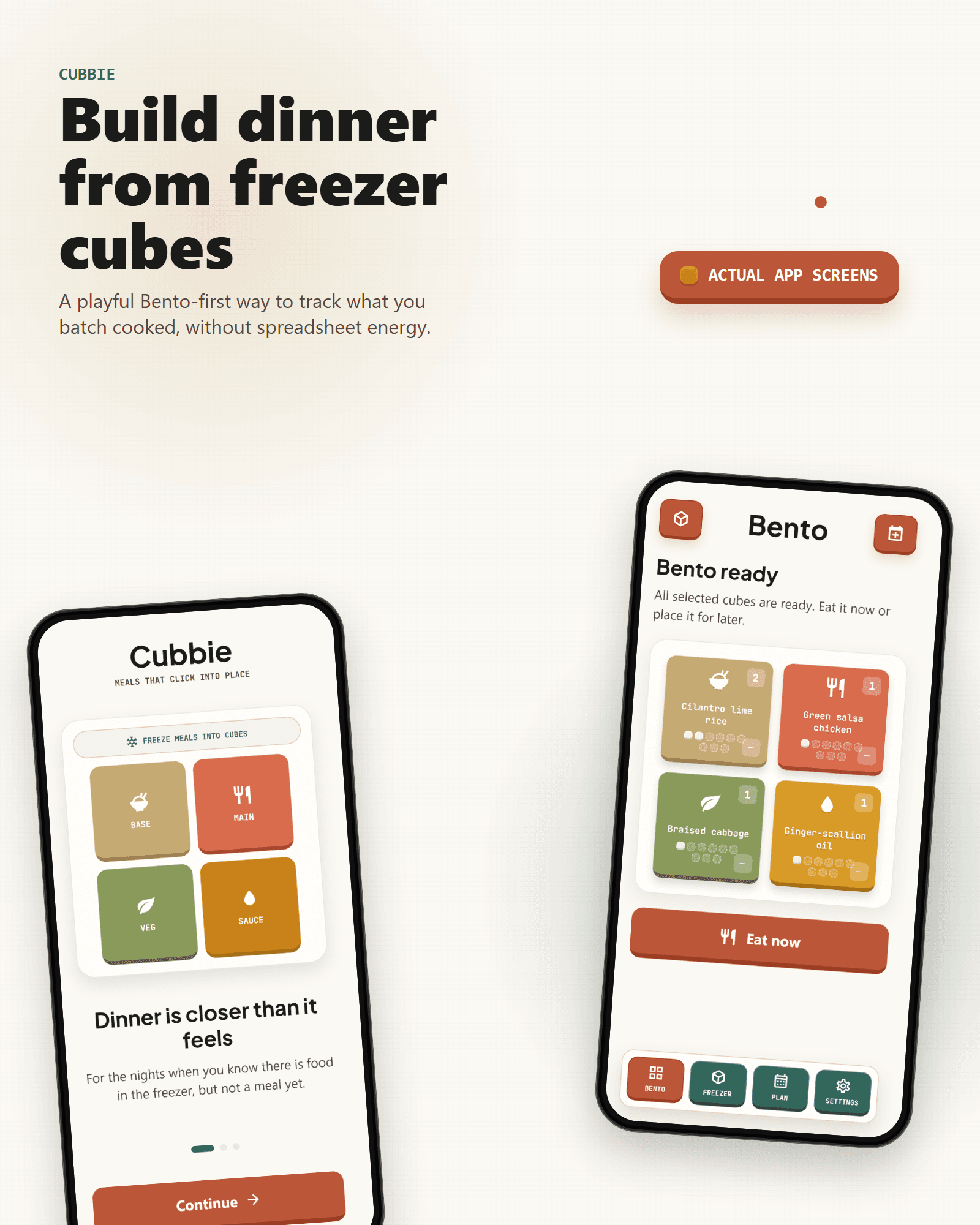 Cubbie hero mockup showing Build dinner from freezer cubes with Welcome and Bento app screens.
