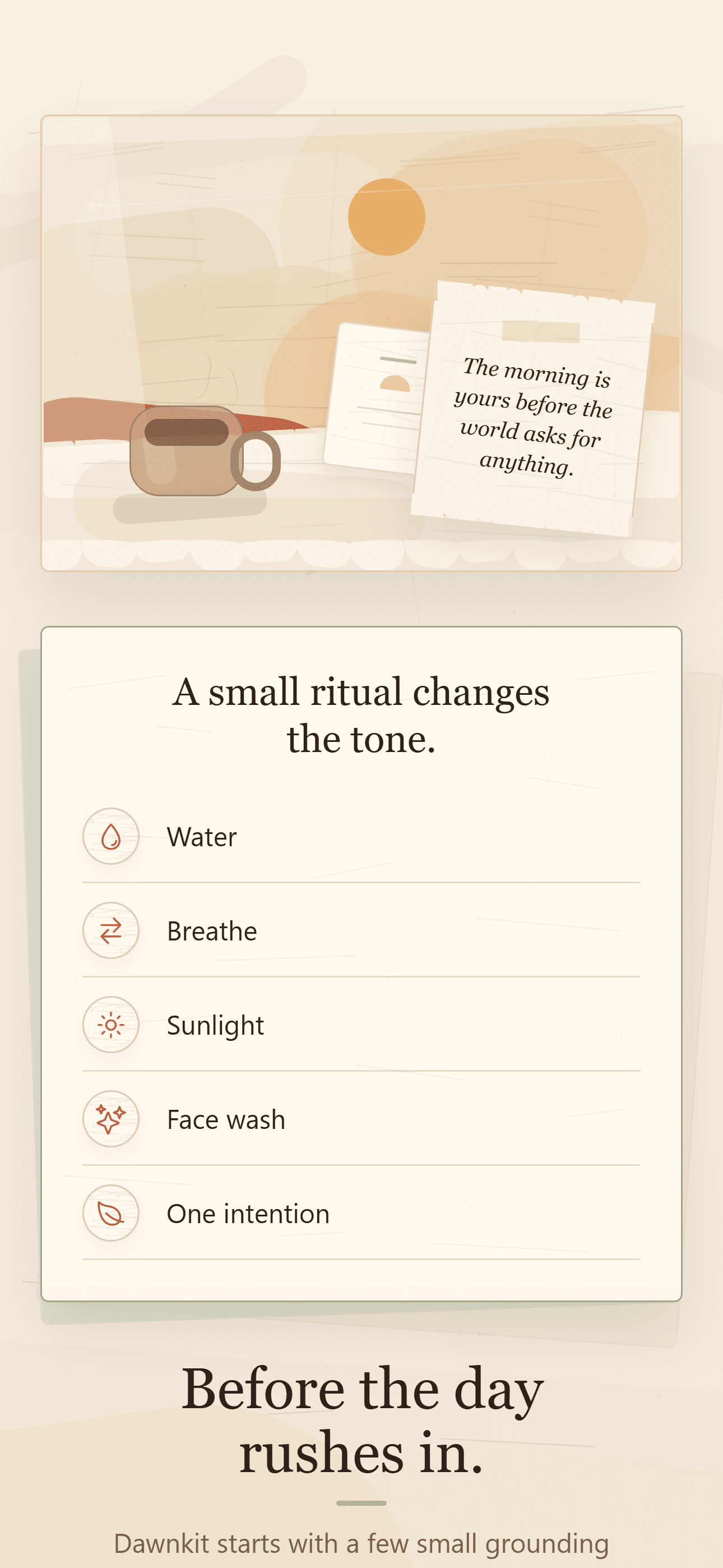 Dawnkit onboarding screen showing a quiet morning ritual illustration and grounding steps.
