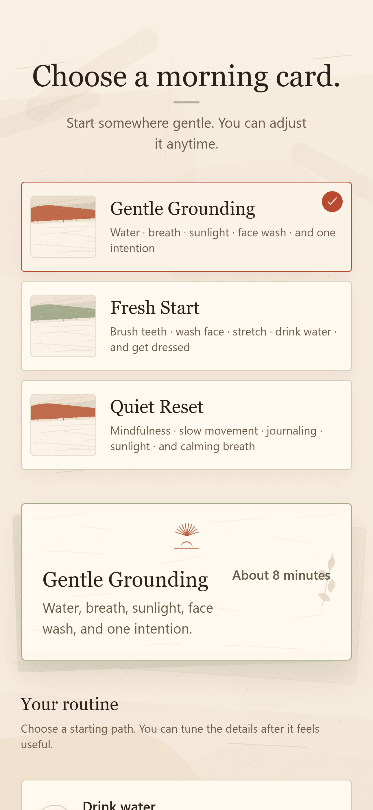 Dawnkit routine setup screen for choosing a morning card and reviewing routine steps.