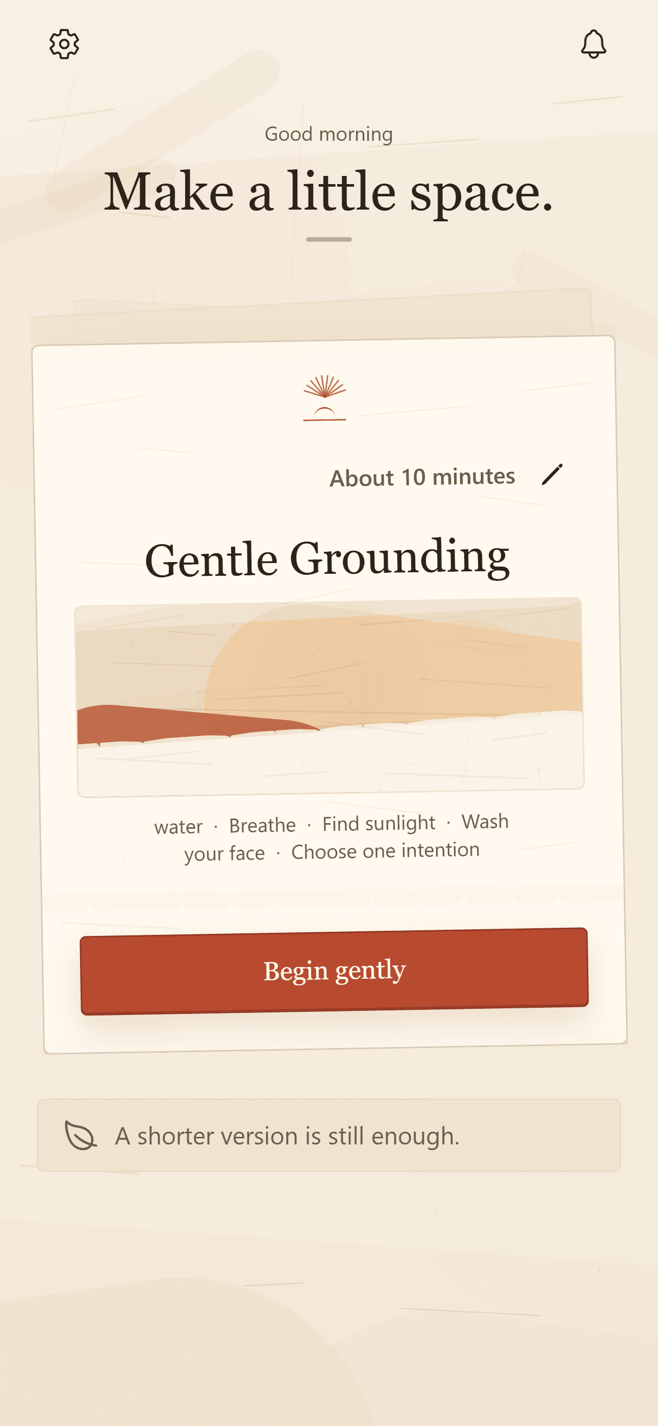 Dawnkit home screen with a Gentle Grounding card and Begin gently action.