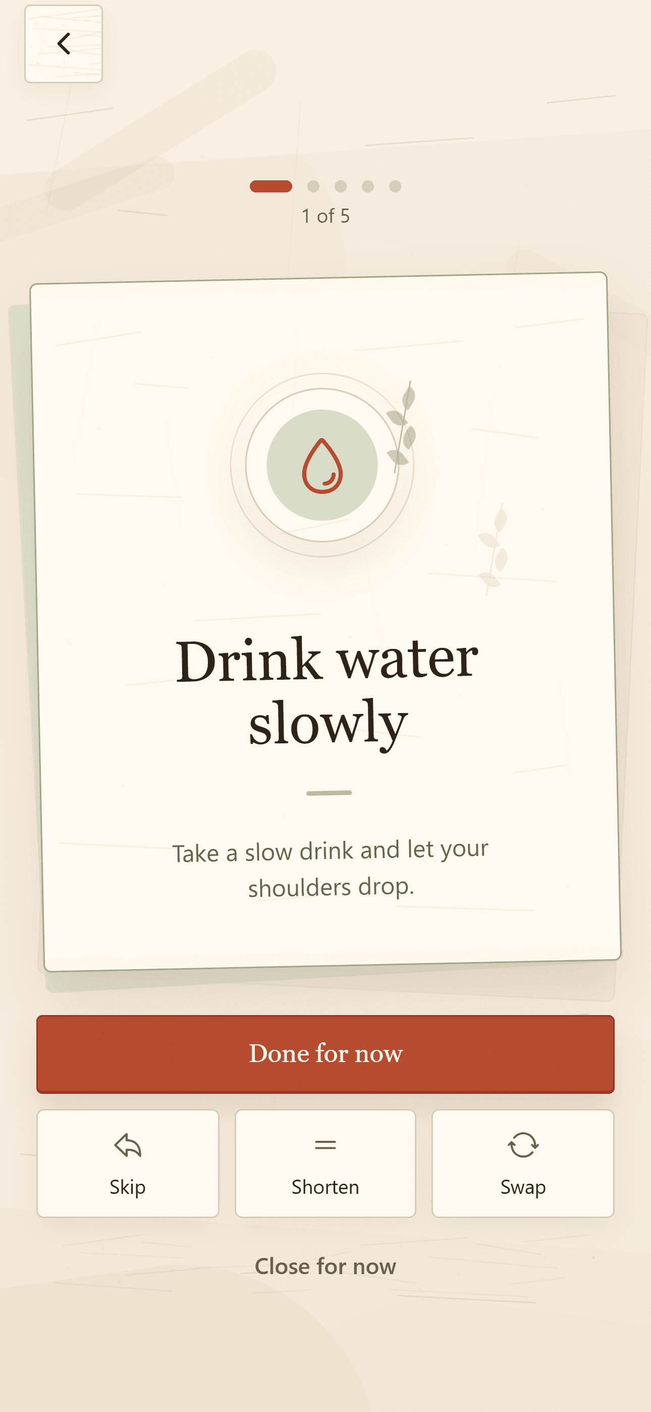 Dawnkit active routine screen prompting the user to drink water slowly.