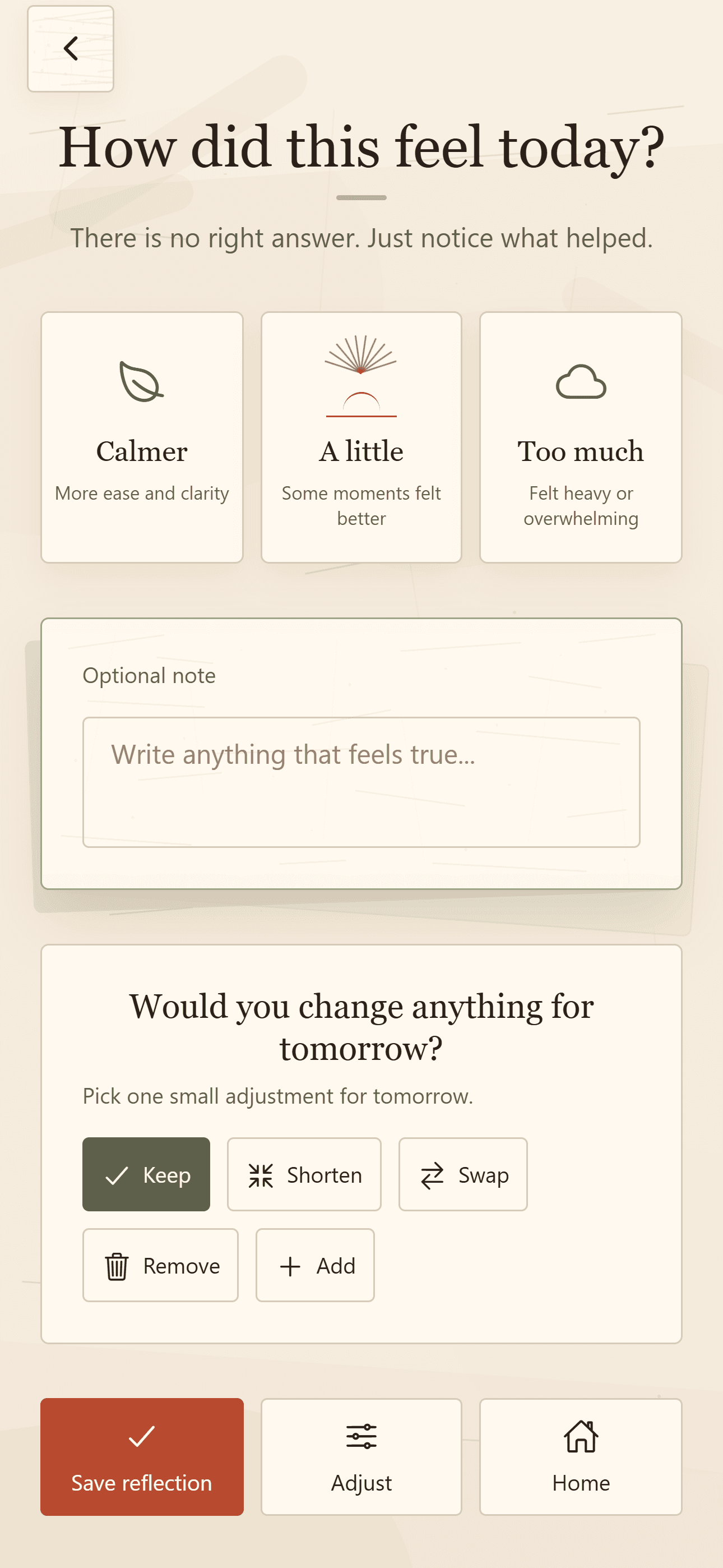 Dawnkit reflection screen asking how the routine felt and what to change for tomorrow.