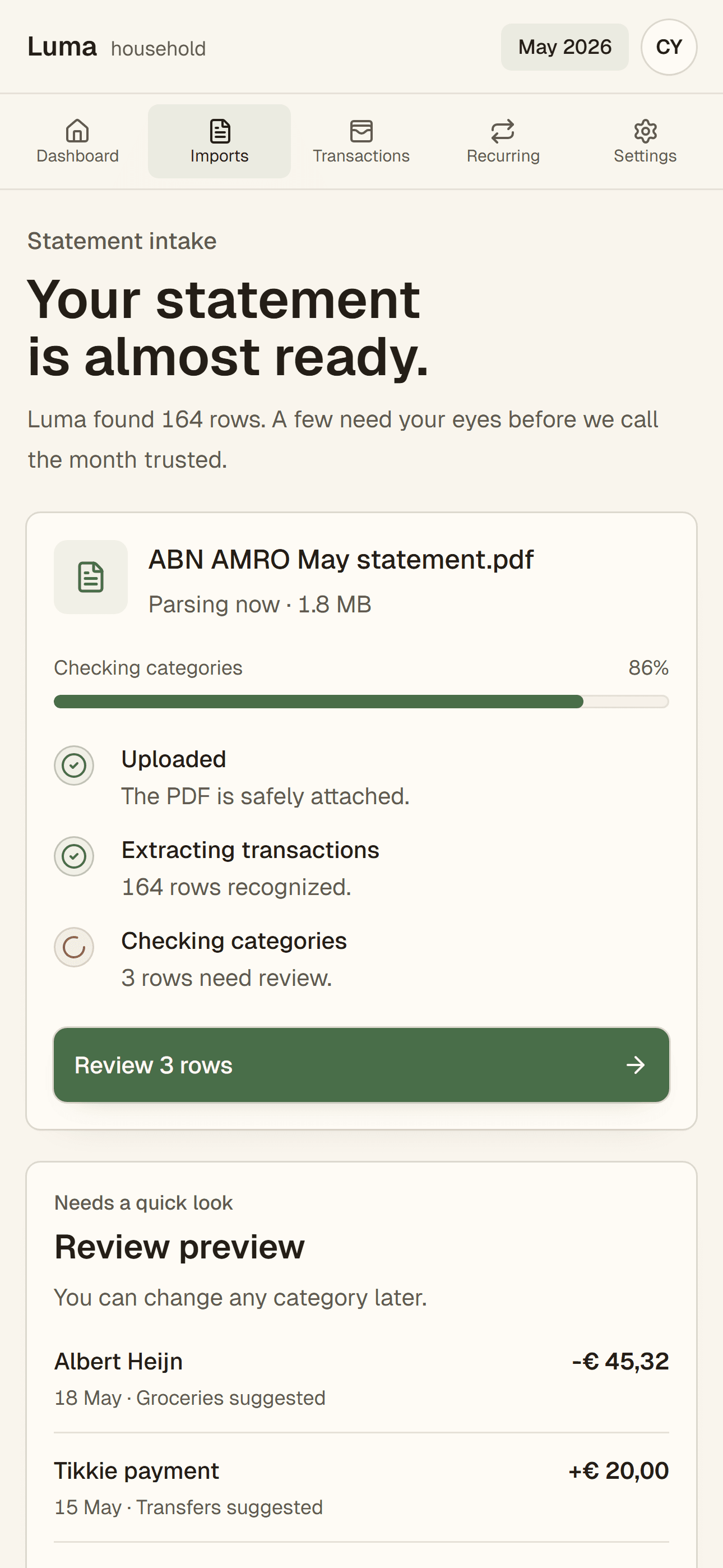 Luma statement import screen showing a bank PDF being parsed and three rows ready for review.
