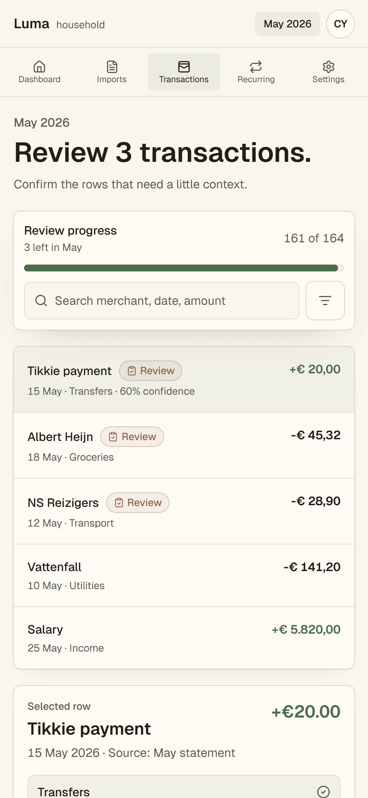 Luma transaction review screen showing rows that need confirmation with merchant, date, category, and amount.
